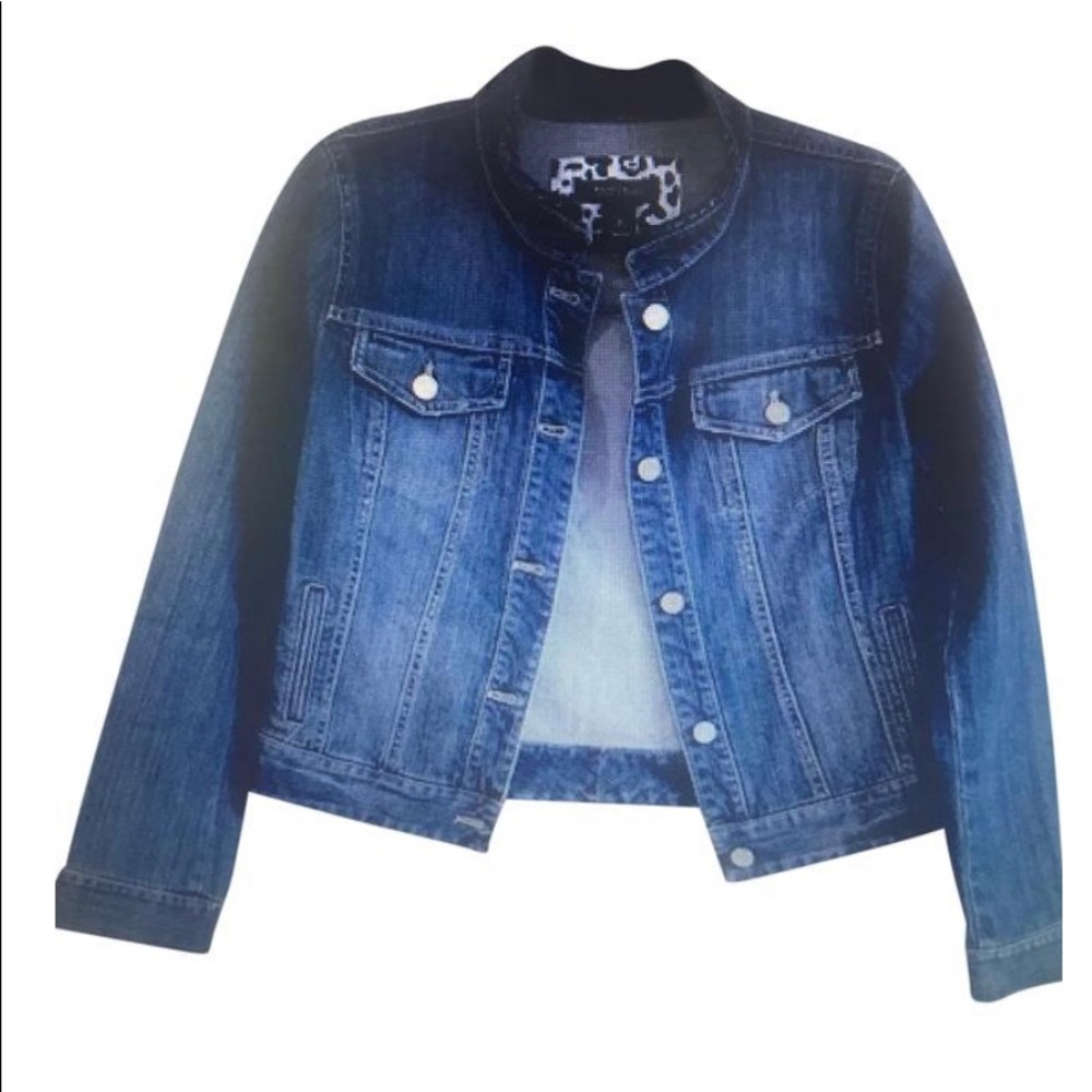 White House Black Market ruffle neck denim jacket